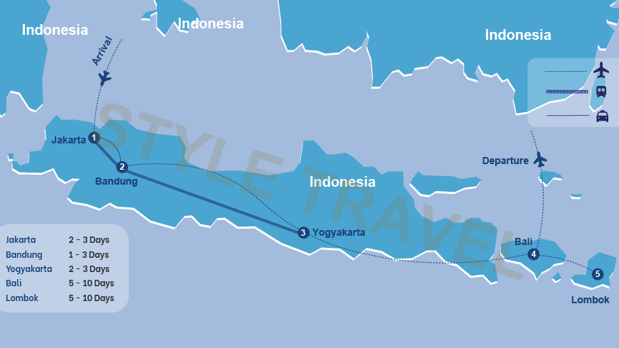 Tour map, brief itinerary and estimated number of days for a Bali-Indonesia typical tour