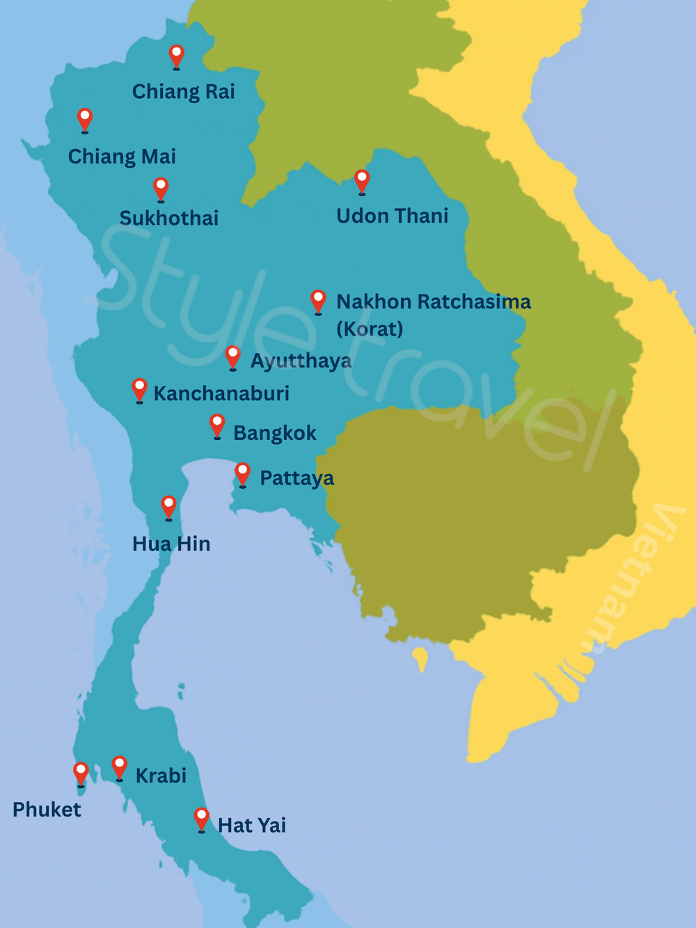 Mapa de los destinos en Tailandia