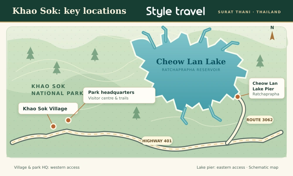 Map showing Khao Sok Village, park headquarters and Cheow Lan Lake pier