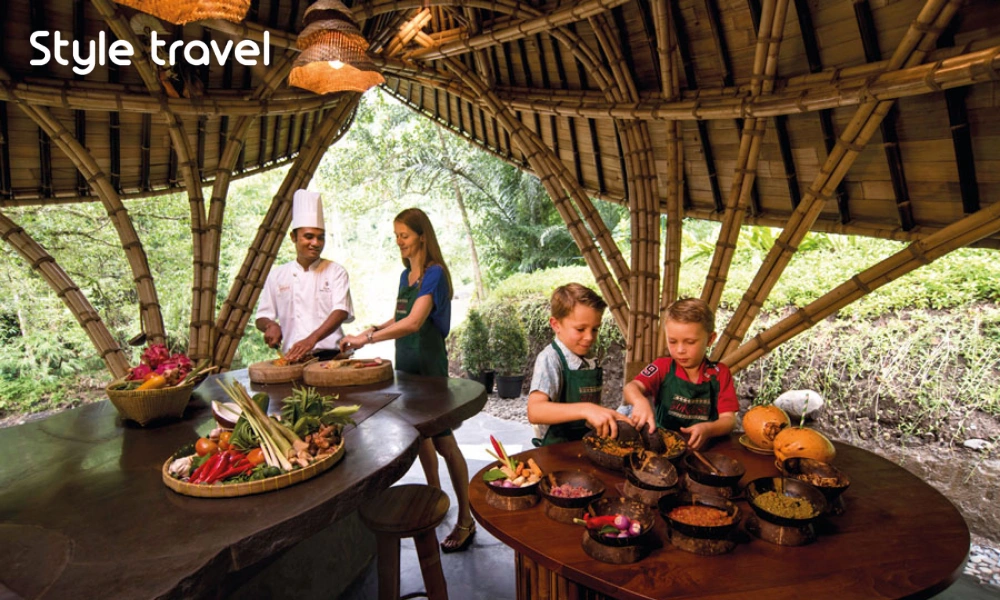 A family preparing ingredients during a Balinese cooking class