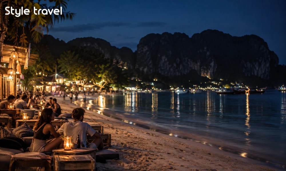 Beach bars lighting up Loh Dalum on Phi Phi Don after dark