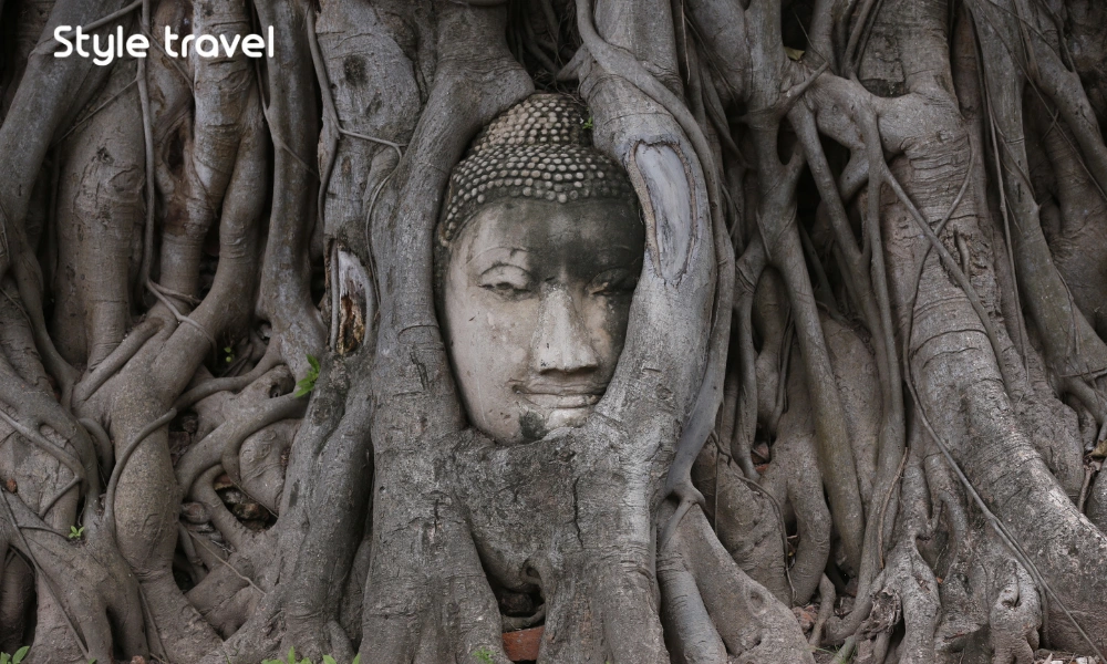 Buddha head entwined in tree roots at Wat Mahathat in Ayutthaya