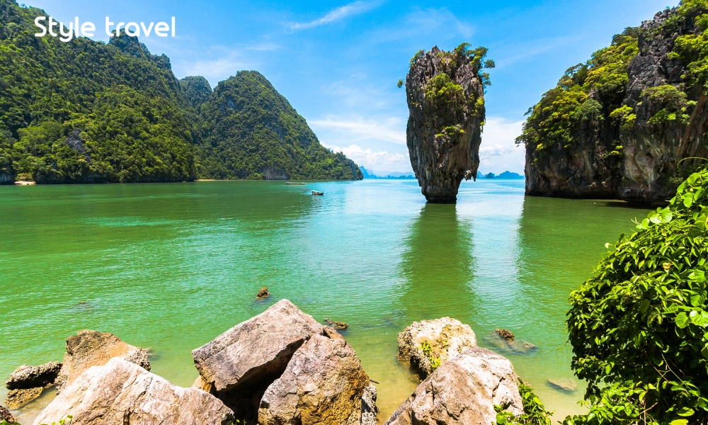 Leaning limestone rock formation on Khao Phing Kan
