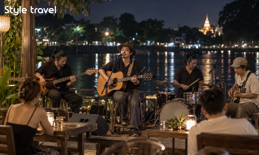 Live band performing at a riverside bar in Chiang Mai