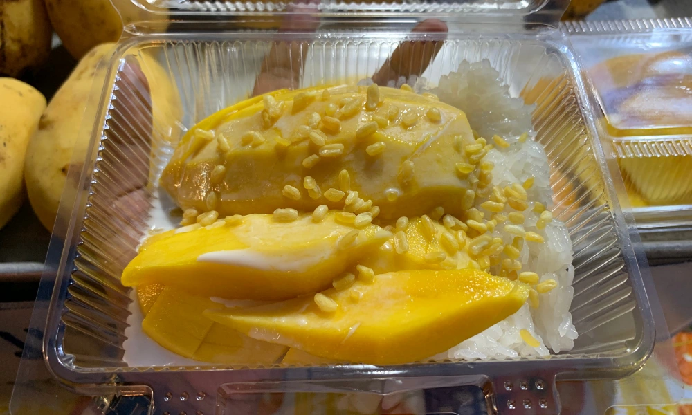 Mango sticky rice dessert in Bangkok, Thailand.
