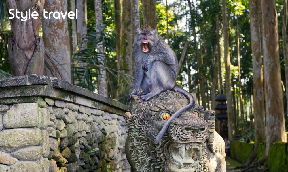 Monkey atop Stone Statue in Ubud, Bali Forest