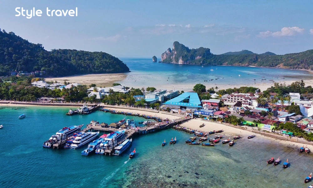 Panoramic aerial view of Tonsai Pier and Phi Phi Don coastline, Thailand