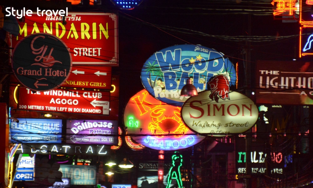 Pattaya Walking Street lit up at night with bars and entertainment venues
