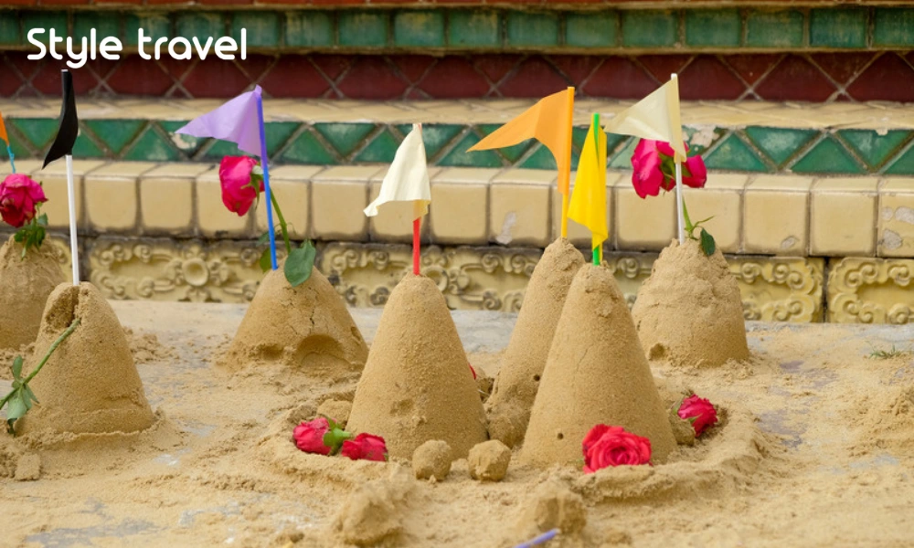 Sand pagodas built at a temple for the water festival Thailand