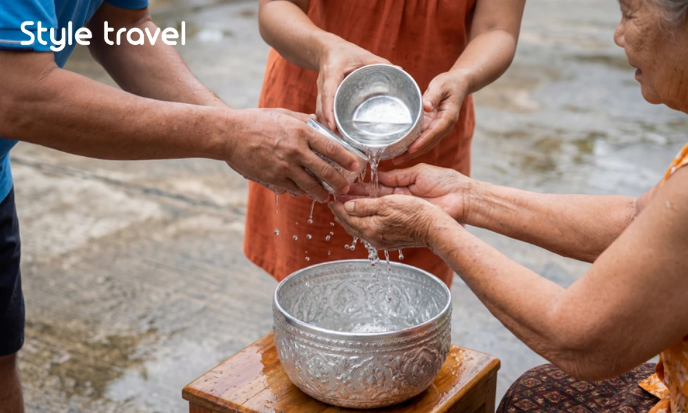 Thai family honouring elders during the Songkran festival Thailand